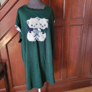 Vintage Yikes Green Oversized Nightgown With Twin Fur Kittens Applique